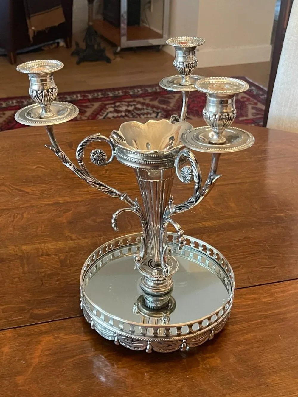 Vintage Shabby Shic Godinger Silver Plated Epergne 3 Branch Candleabra Mirror Tr